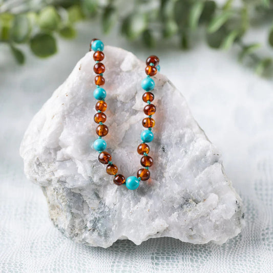Baltic Amber Necklace, Turquoise + Cognac Amber Gemstone Necklace